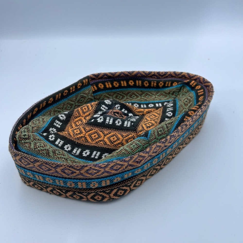 Vintage Woven Skull Cap Kufi Hat Geometric Pattern Ethnic Tribal Multi-Color